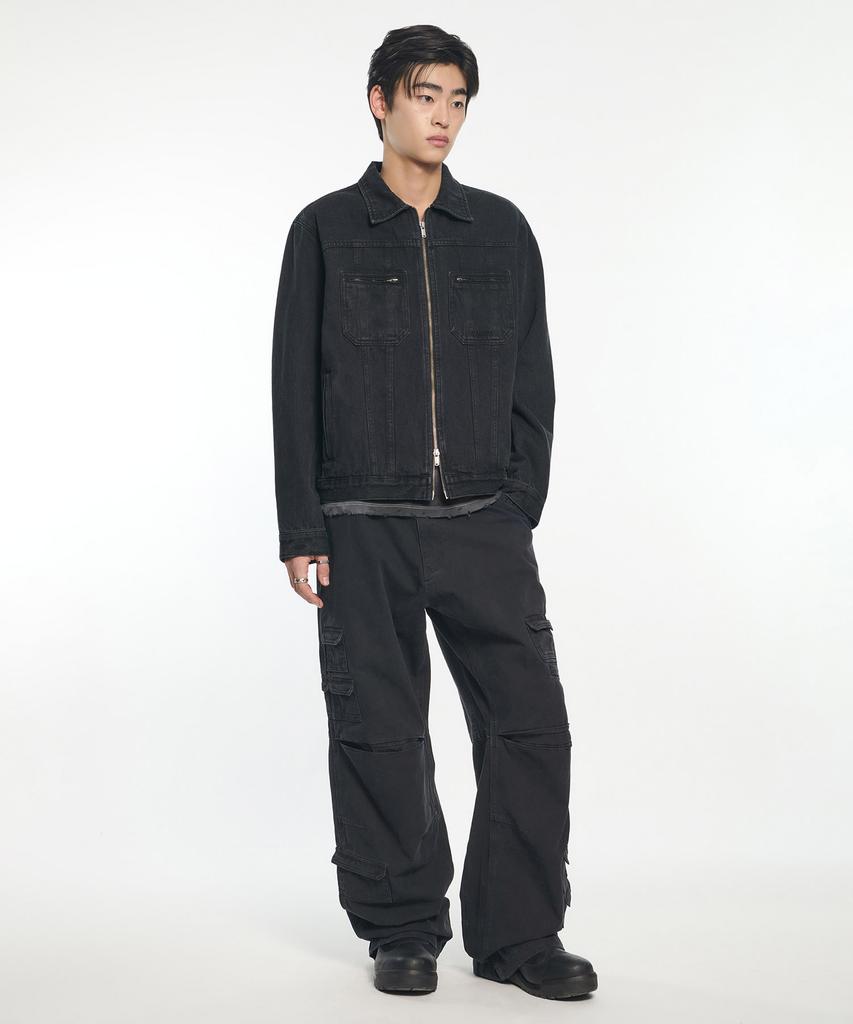 NOMANUAL Denim Trucker Zip Jacket - Washed Black
