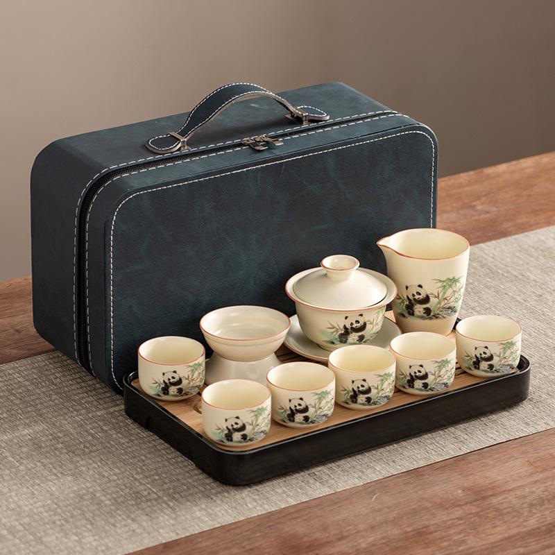 High-end Huang Ru Kiln Travel Kung Fu Tea Set Household Portable Cover Bowl Teacup Teapot Light Luxury Business Gifts