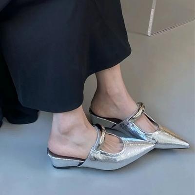 Женские шлепанцы с острым носком и металлической пряжкой, женские удобные модные босоножки на низком каблуке, дизайнерские туфли-лодочки для женщин