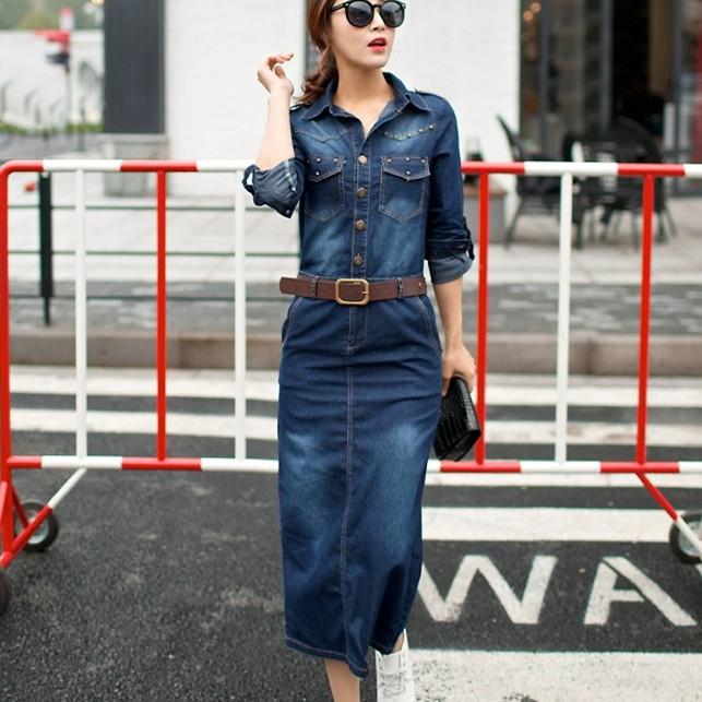 2024 Robe Jeans Dress Women Button Pocket Rivet Vintage Casual Long Denim Dresses Ladies Slim Bodycon Dress Robe Femme