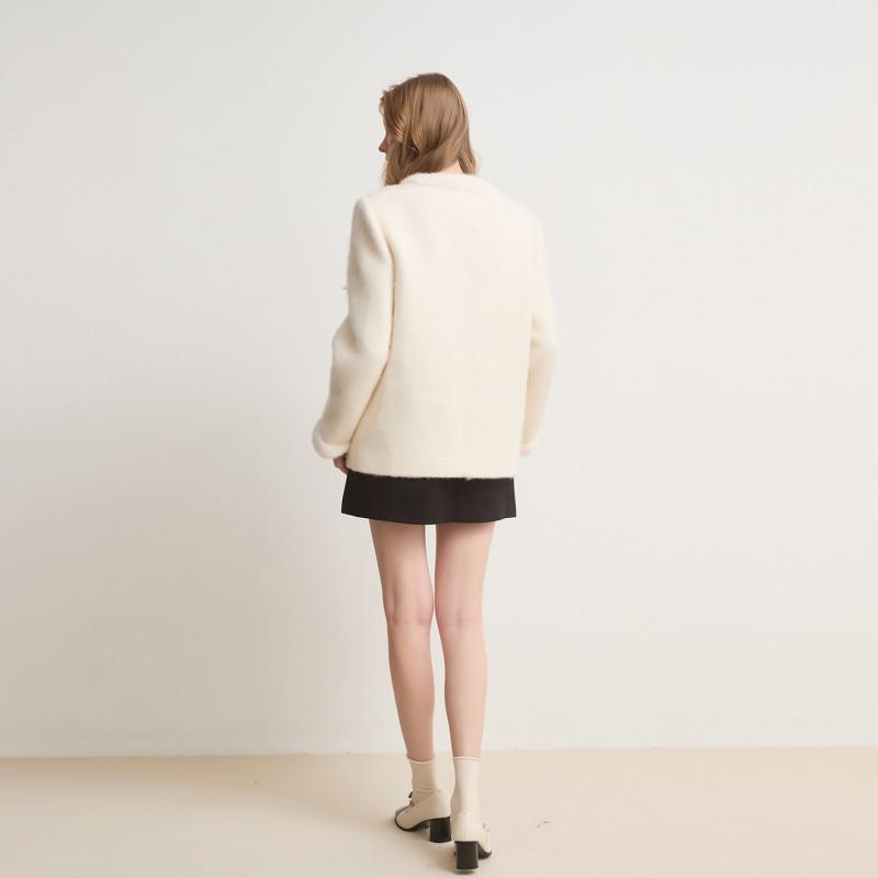 45% Wool French Style Loose Fuzzy Patchwork Long Sleeve Tweed Coat Women Thick Warm
