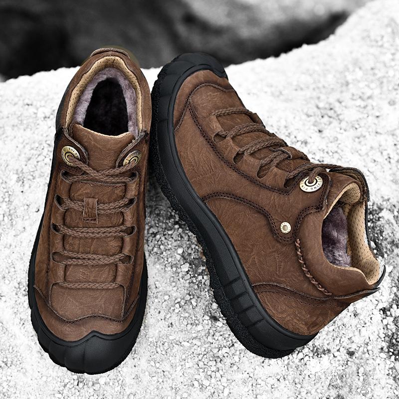 Men's Hiking Leather Boots High Top Plush Outdoor Cotton Shoes Large Size 39-46