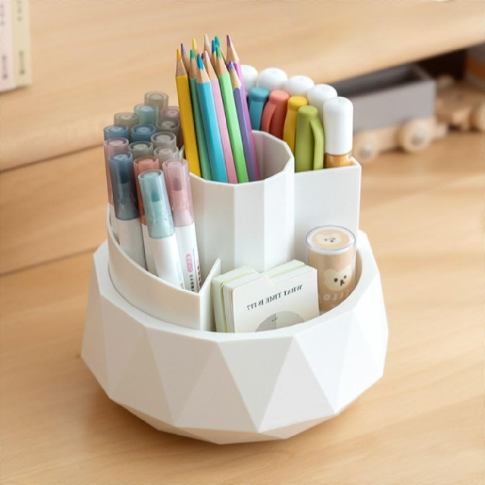 Pen Stand 360° Rotating Pen Holder 4-Grid Makeup Brush Organizer Pencil Storage Box Home