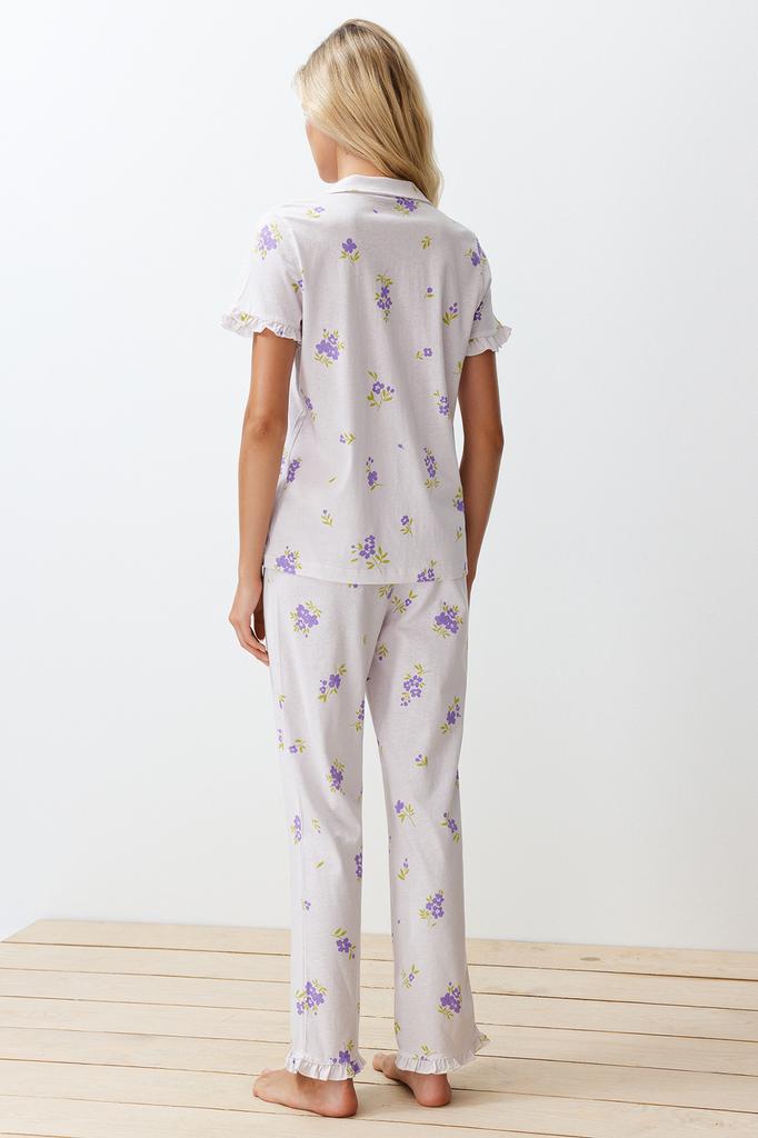 Women's Fashion New Pajama Set Ecru-Multicolor 100% Cotton Floral Ruffle Detailed Knitted Pajama Set