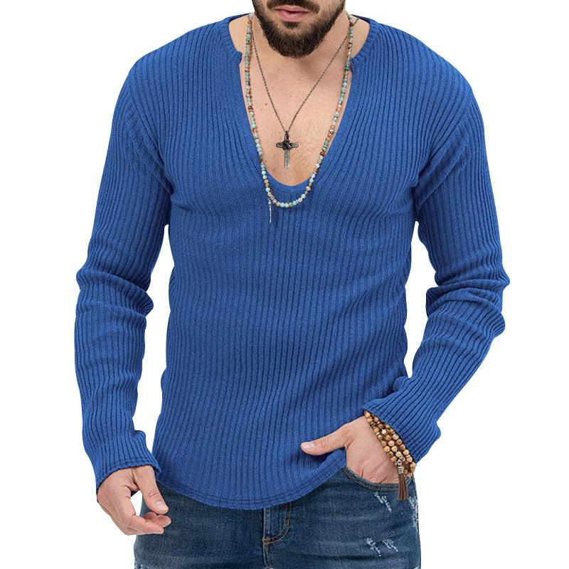 Men's V-Neck Ribbed Long Sleeve Knit Sweater, Slim Fit Casual Pullover, Multiple Color Options
