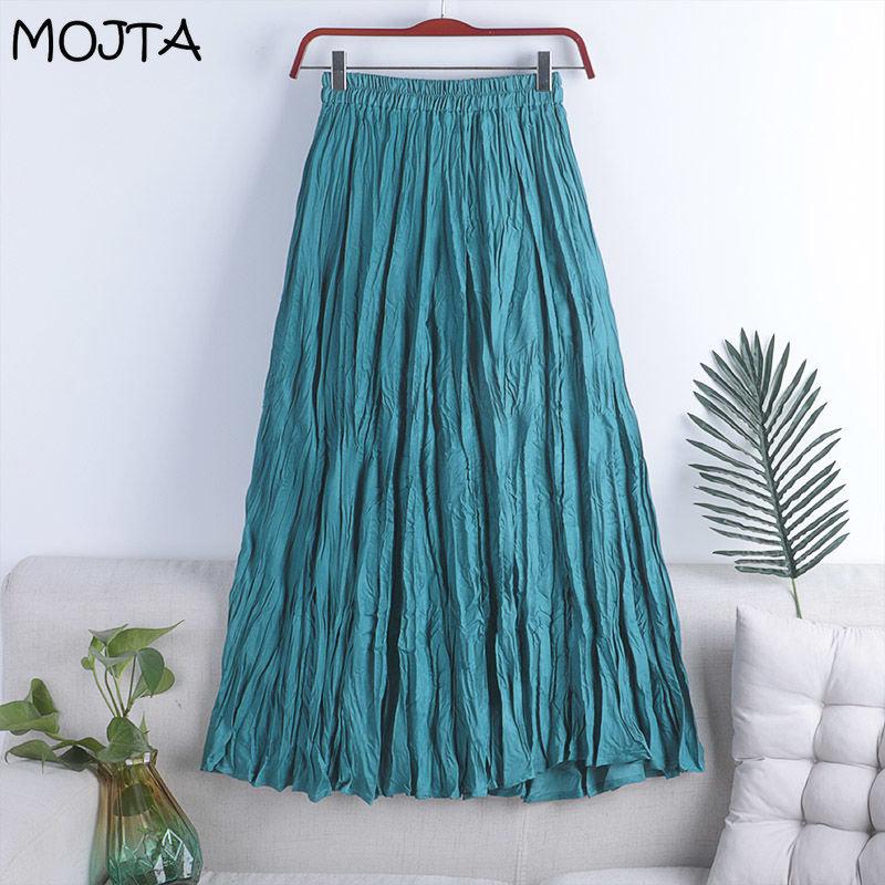 MOJTA Women's Mid-length Skirt Spring Summer Elastic High Pleated Waist Skirt A-line Skirt