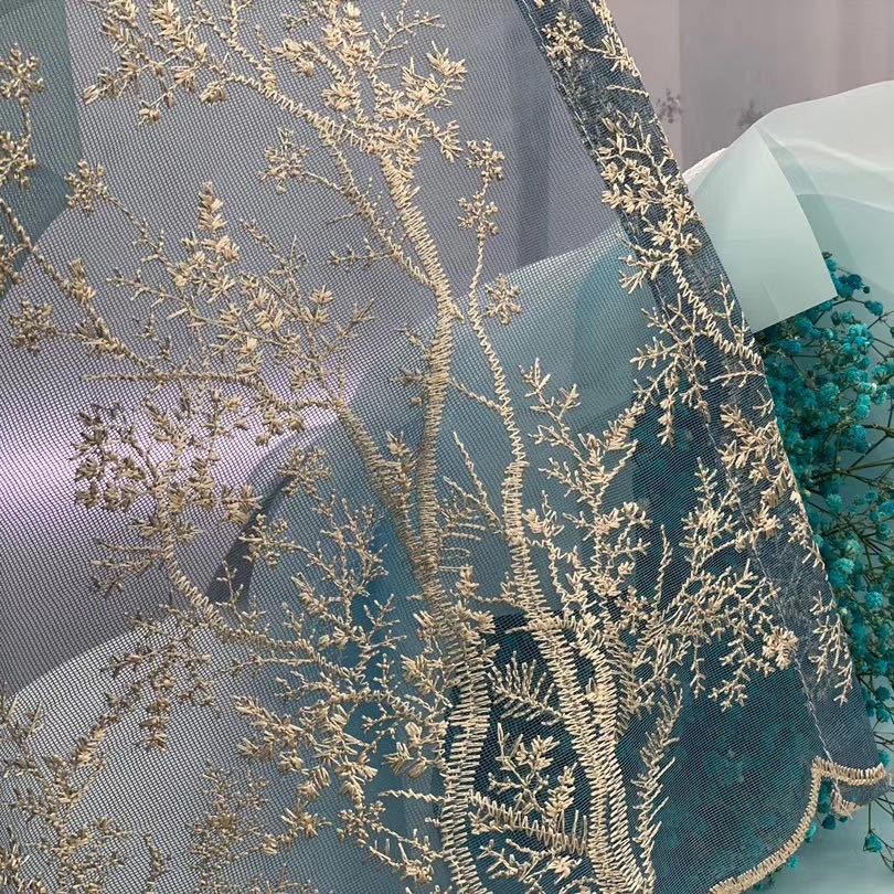 Flower Golden Embroidered Sheer Voile Curtain with Top Lace Valance, Suitable for Living Room, Bedroom, Kitchen Home Decor