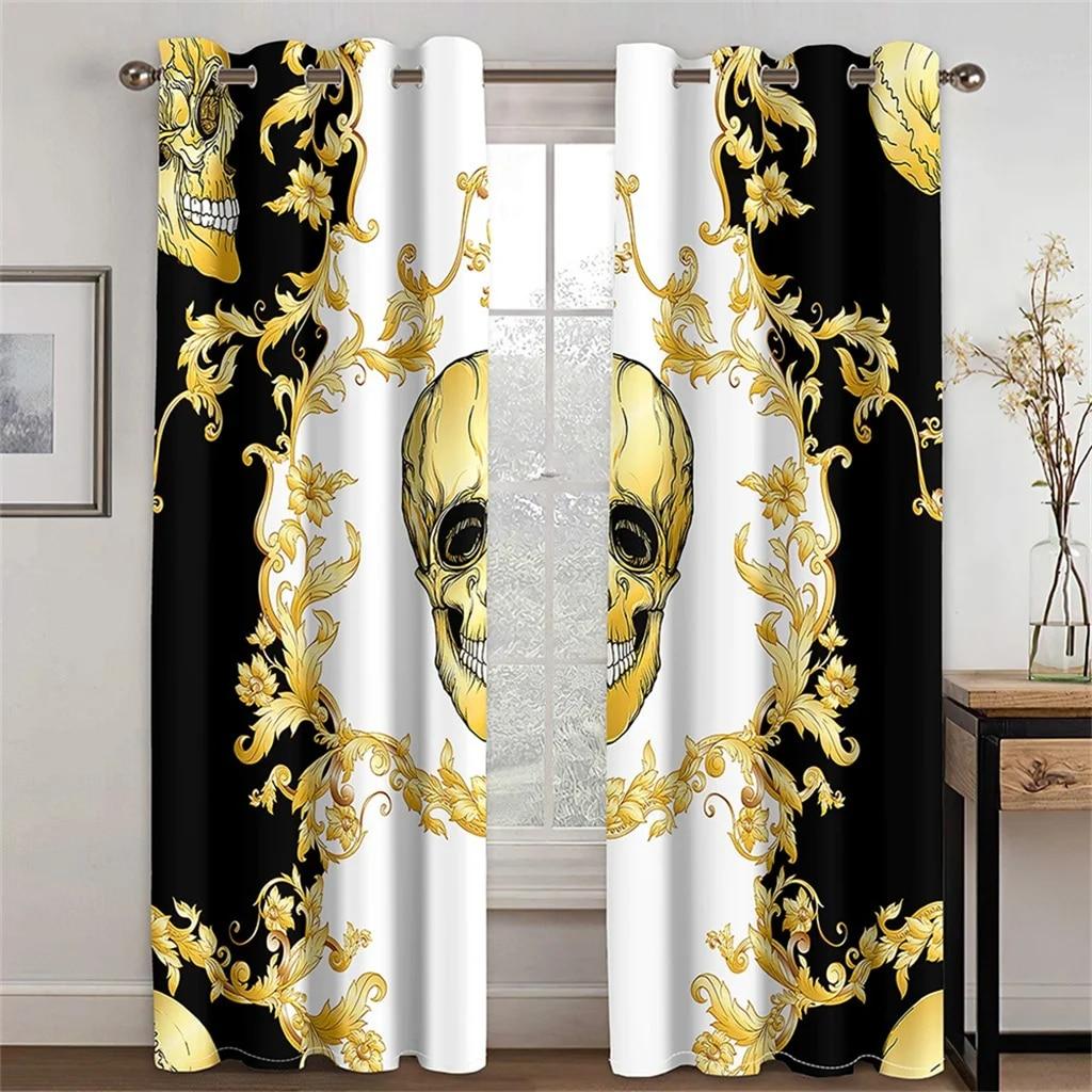 3D Modern Luxury Brand Design Baroque Black Gold 2 Pieces Thin Shading Window Curtain For Living Room Bedroom Decor Rod Pocket