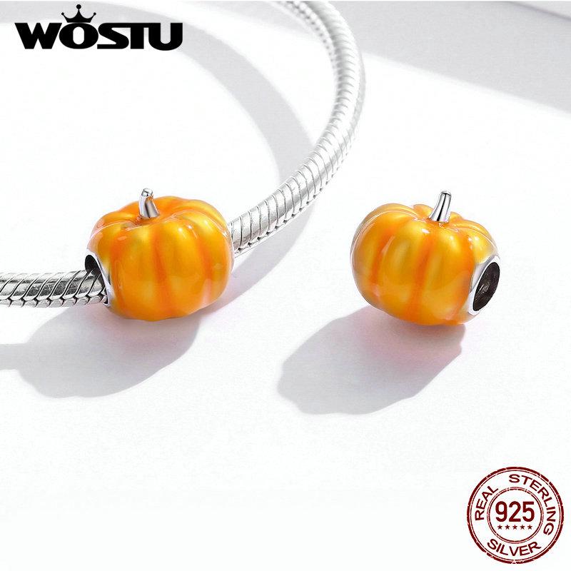 WOSTU Осень 925 Стерлинговое Серебро Красные кленовые листья Шарм Подвеска Белка Тыква Бусины Подходит к Оригинальному Браслету DIY Подарок Оптом
