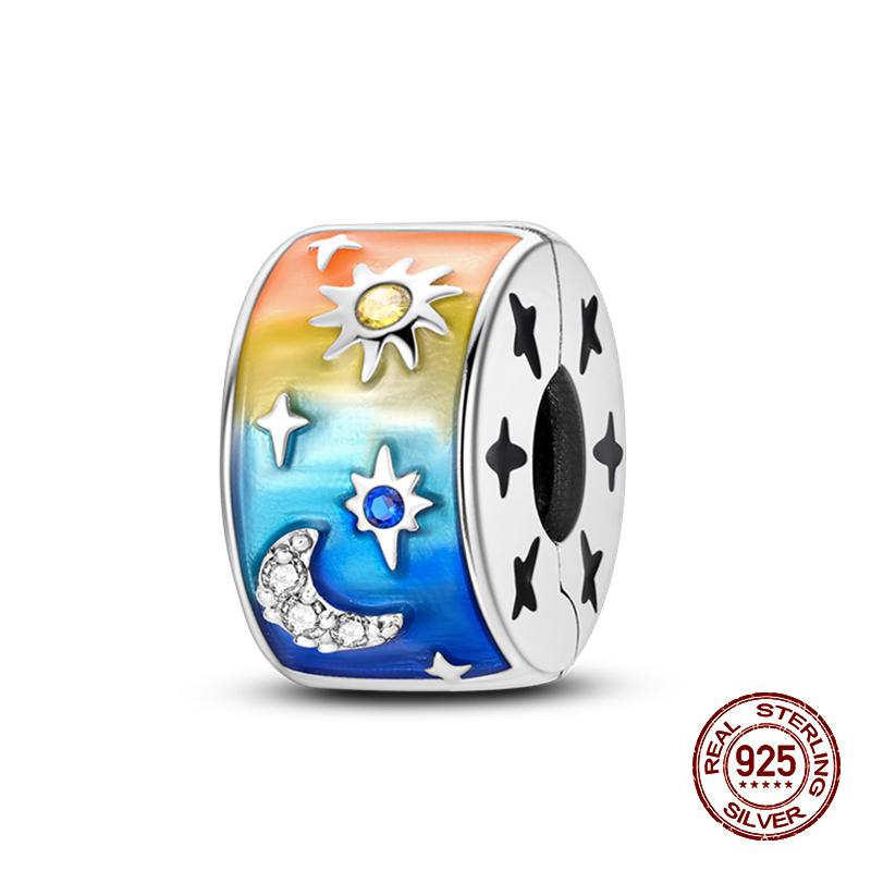 Fashion 100% 925 Sterling Silver Colorful Zircon Stars Moon Separator Charms Bead Fit Original Bracelet Fine DIY Jewelry