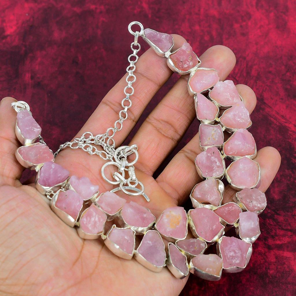 Ювелирные изделия ожерелья ручной работы из грубого розового кварца, ожерелье из стерлингового серебра 925 пробы, регулируемое ожерелье-цепочка, элегантные ювелирные изделия
