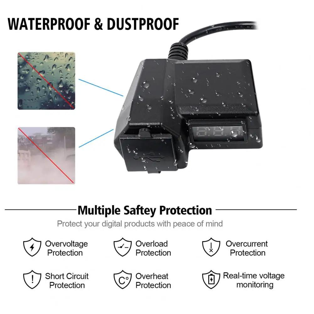 10-24V 3.1A Dual USB Port Motorcycle Charger with Voltmeter Waterproof Fast-Charging Cable for 12V/24V Bikes, ATV, Boats