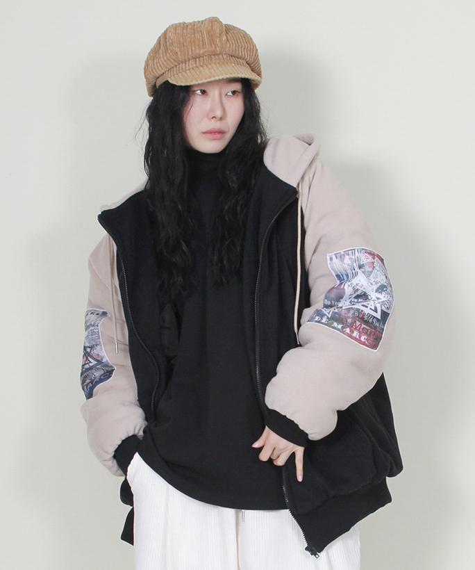 Demarc Graphic Color Block Fleece Padded Hooded Jumper Ver.2 Black & Beige