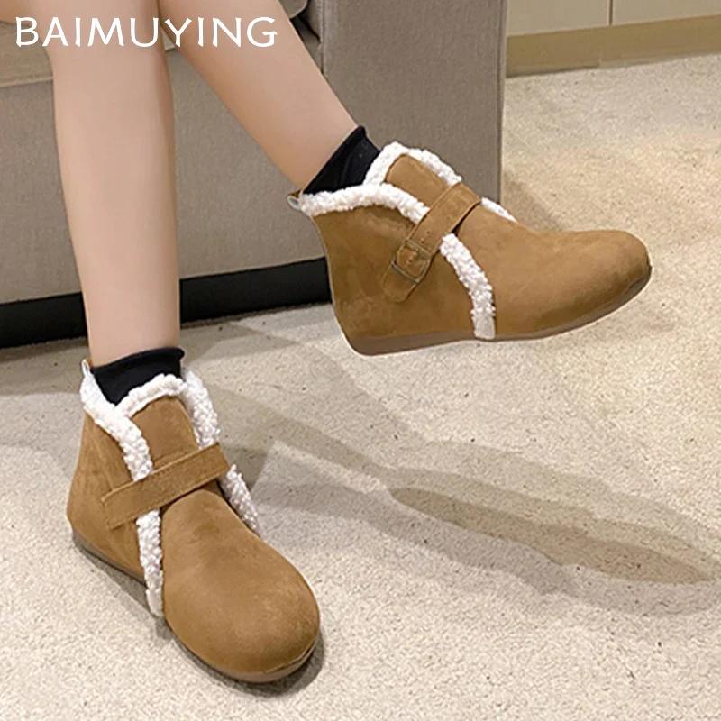 Меховые Балетки Женские Снежные Ботильоны Замшевые Короткий Плюш Повседневные Хлопковые Туфли 2025 Тренд Дизайнерская Пряжка Теплые Зимние Ботильоны Женские