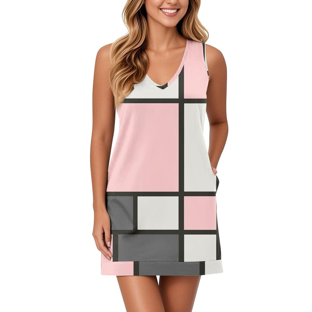 Женский сарафан с V-образным вырезом, без рукавов, повседневное платье с геометрическим принтом и карманами