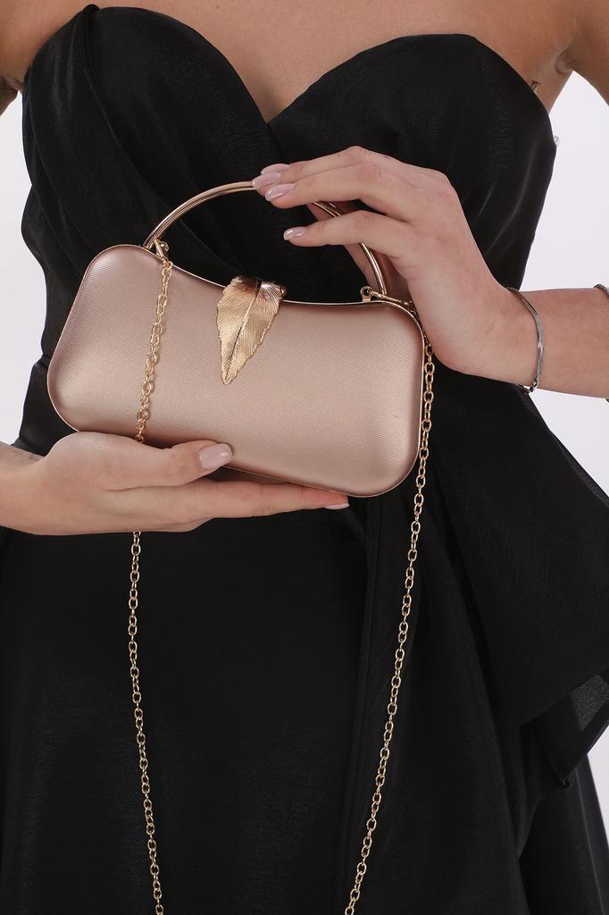 Women's Stylish and Useful Evening Dress Bag Gold Color Bream Material Leaf Accessory Hand and Strap Evening Dress Portfolio Clutch Evening Bag