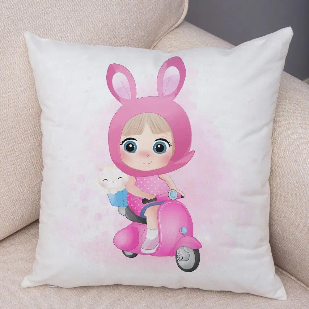 Children's Room Sofa Home Pillowcase Cute Cartoon Girl and Cat  Decoration  Animal Cushion Cover