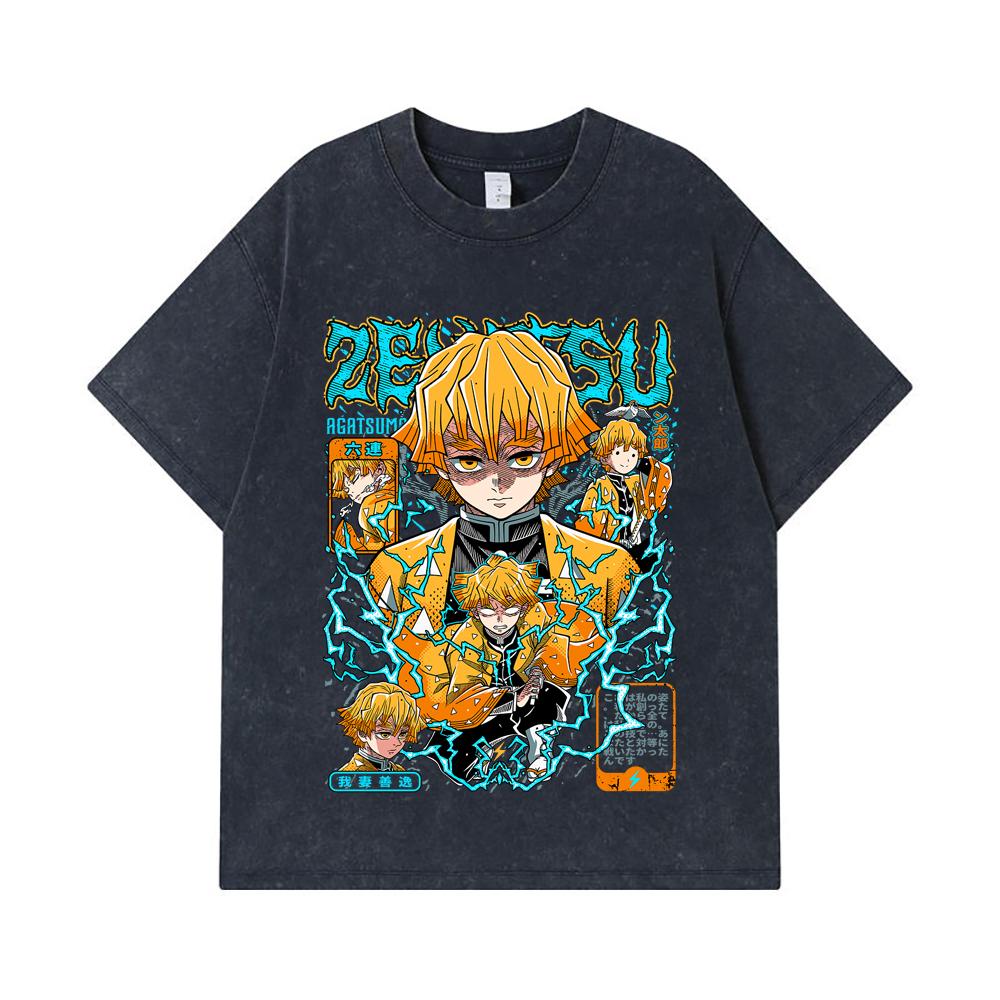 275 GSM Washed T-shirts 100% Cotton Demon Slayer V100 Zenitsu Print Unisex Heavy Cotton T Shirt