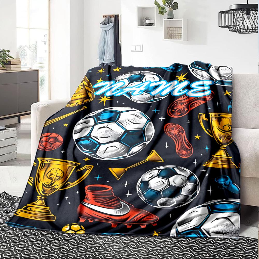 Custom Name Soccer Theme Printed Blanket - Perfect for Couch, Bed, Travel & Outdoor Use | Machine Washable, Cozy & Durable.
