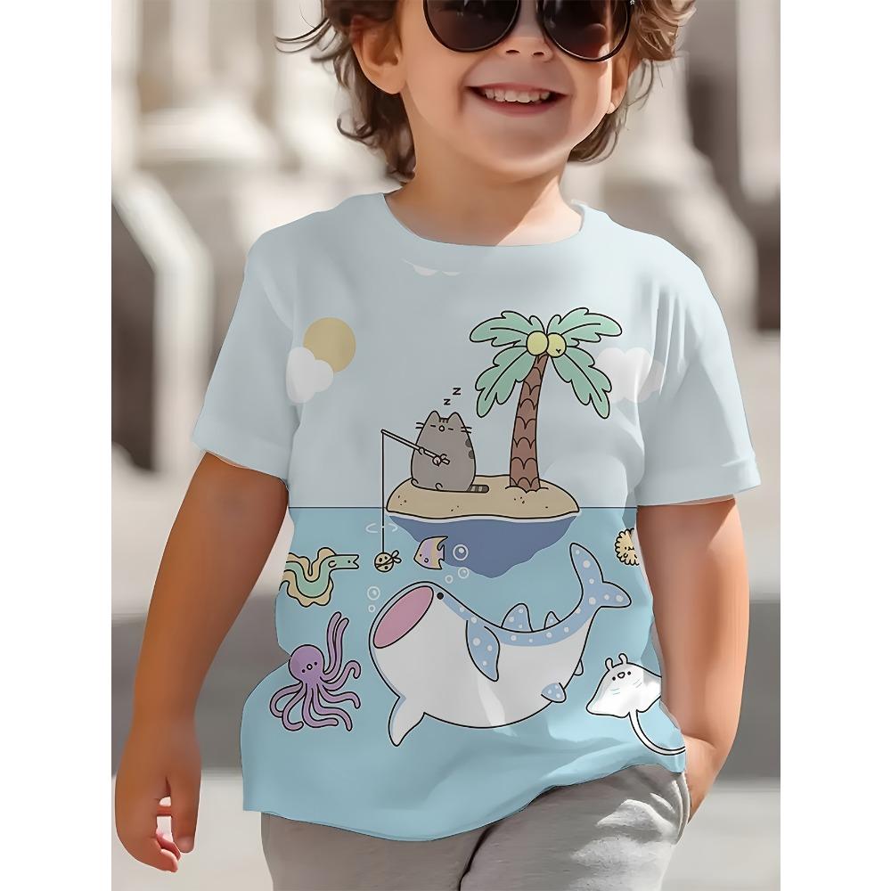 Новая летняя одежда для девочек, мультяшная милая футболка с графикой кошки, топы с коротким рукавом для девочек 4-6 лет, повседневная детская одежда