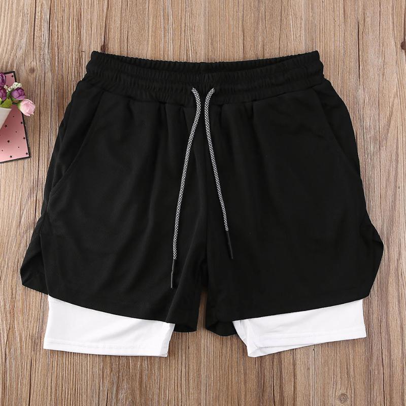 Мужские двухслойные шорты для бега, мужские короткие брюки 2 в 1, спортивные шорты для фитнеса, быстросохнущие пляжные шорты-бермуды со встроенным карманом