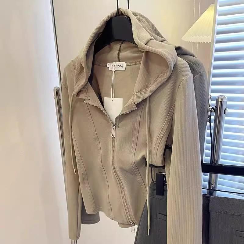Hooded long-sleeved T-shirt sweater women's autumn and winter new large size slim zipper cardigan short fishbone top