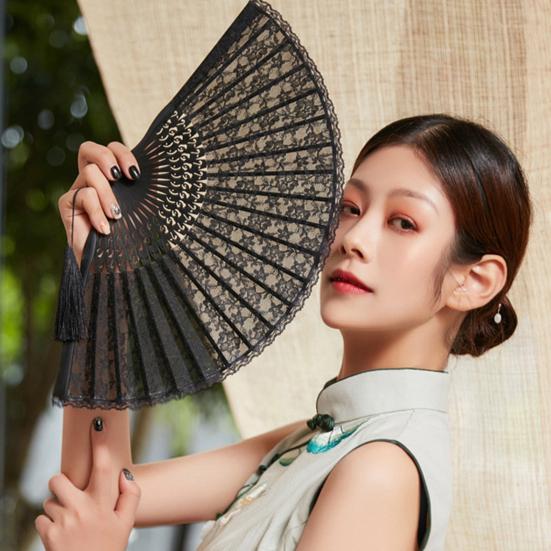 Кружевной ручной веер, китайский складной с кисточкой, портативный бамбуковый шелковый веер для свадебных вечеринок, летние принадлежности