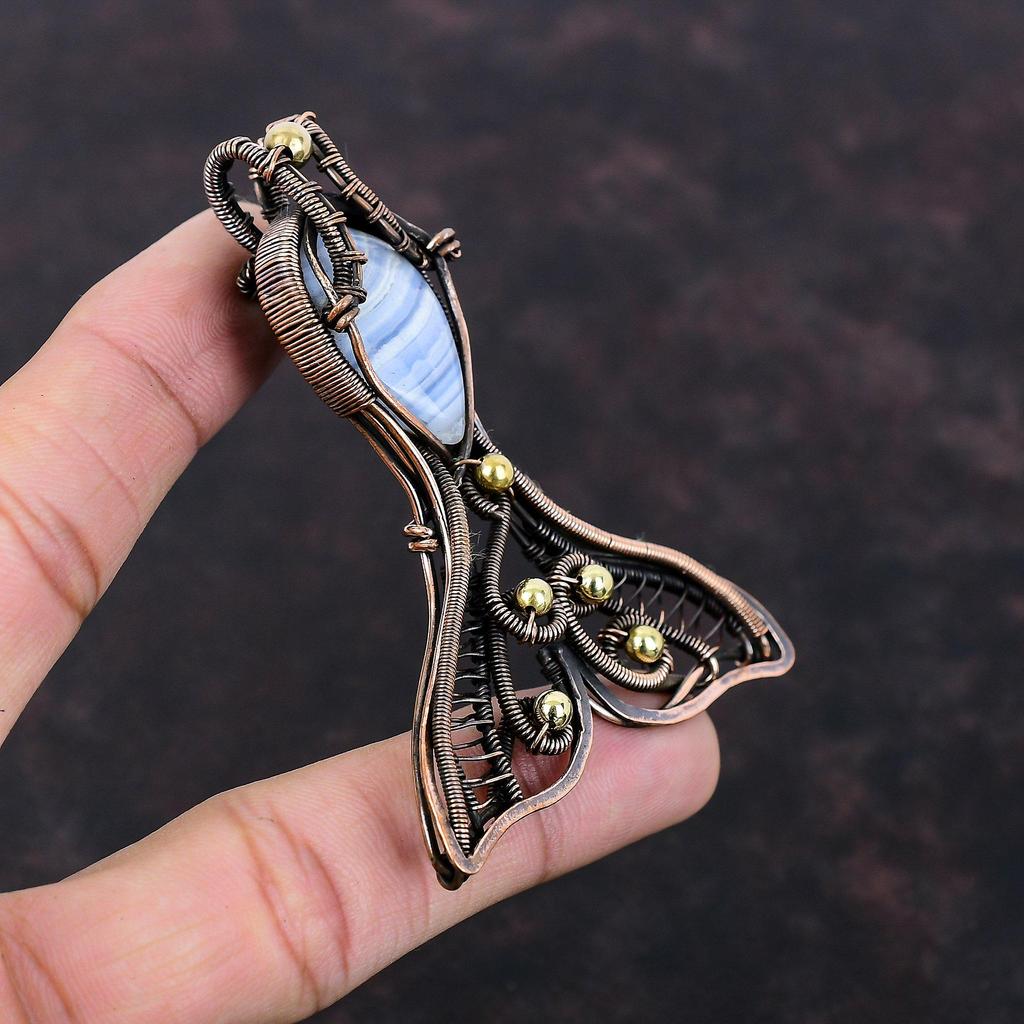 Blue Lace Agate Pendant Copper Wire Wrapped Pendant Handmade Fish Pendant Copper Jewelry Gemstone Pendant Birthstone Pendant Gift For Mother