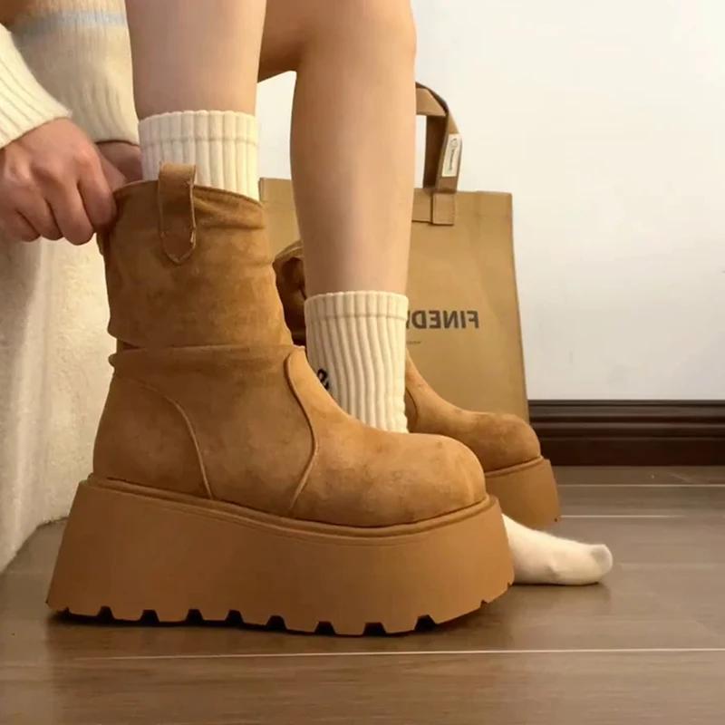 Зимние теплые плюшевые женские зимние сапоги модные туфли на плоской платформе слипоны лаконичные короткие Botas De Mujer