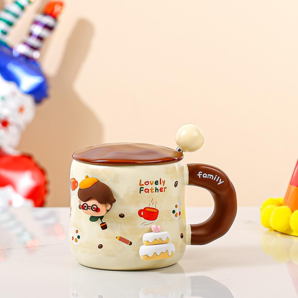 Креативная мультяшная керамическая кружка с крышкой и ложкой, семейная кружка, чашка фэн-шуй для девочек, большой объем