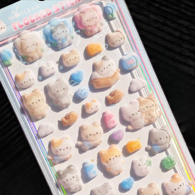 1-6Pcs Flocked 3D Relief Stickers Cute Cartoon Animals Stationery Sticker Journaling DIY Diary Laptop Phone Case Decoration