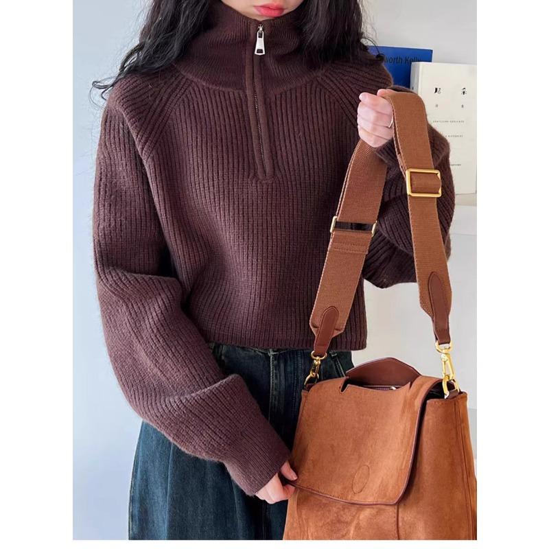 Design Sense Half-turtleneck Ladies Zipper Red Sweater, Spring and Autumn New High-waisted Sweater Loose and Thickened 6974#