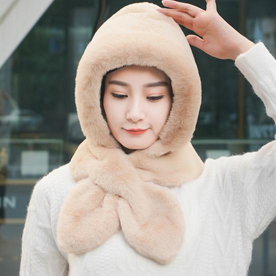 Женская зимняя шапка со встроенным шарфом, толстая теплая, из искусственного меха кролика, однотонная, полная защита, для езды на велосипеде, путешествий, холодной погоды
