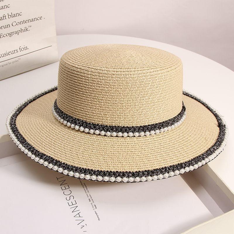 Retro Pearl Lace Flat Top Straw Hat Trendy Women's Summer Outing Beach Sun Protection and Sunshade Hat Beach Hat