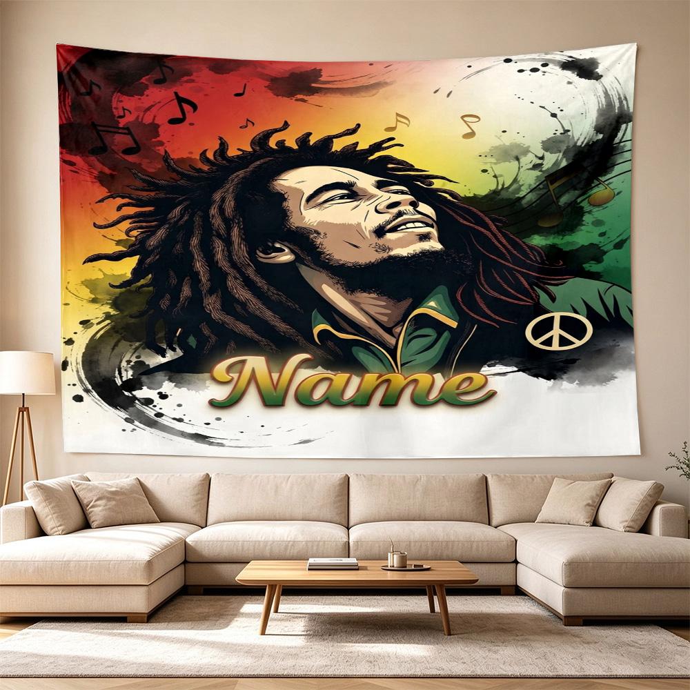 Bob Marley Reggae Music Peace Personalized Name Polyester Wall Hanging Tapestry, Aesthetic Home Decor for Bedroom Dorm Photo Backdrop