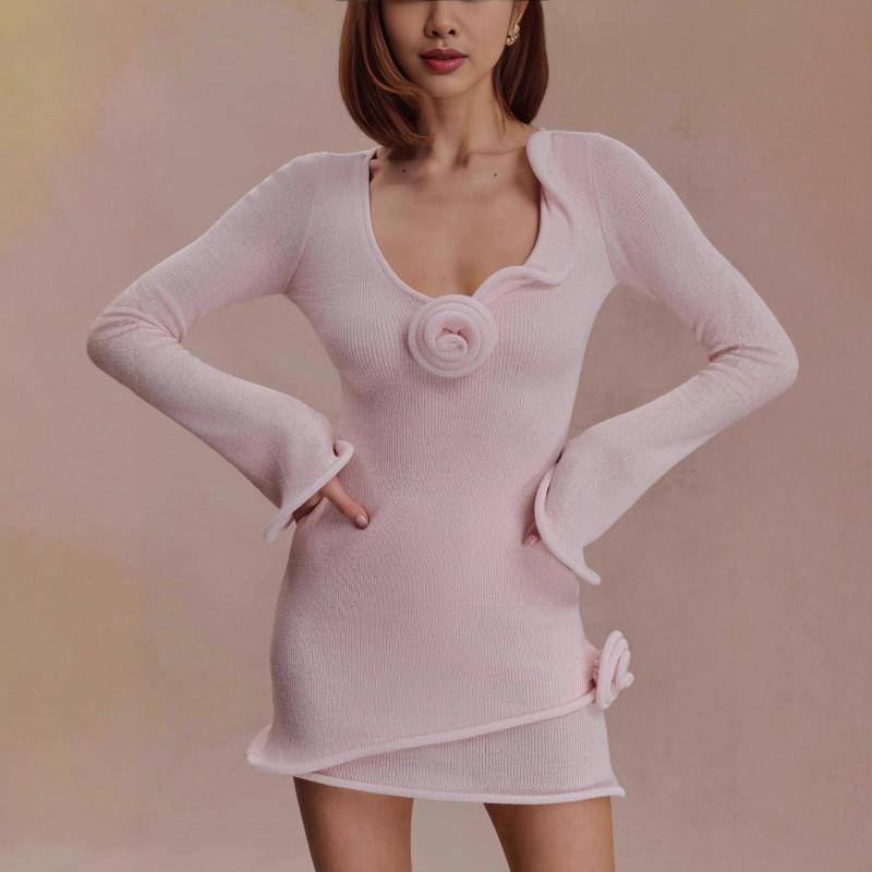 Womens Knit Mini Dress Long Flare Sleeve 3D Flower Ruffle Winter Party Outfit