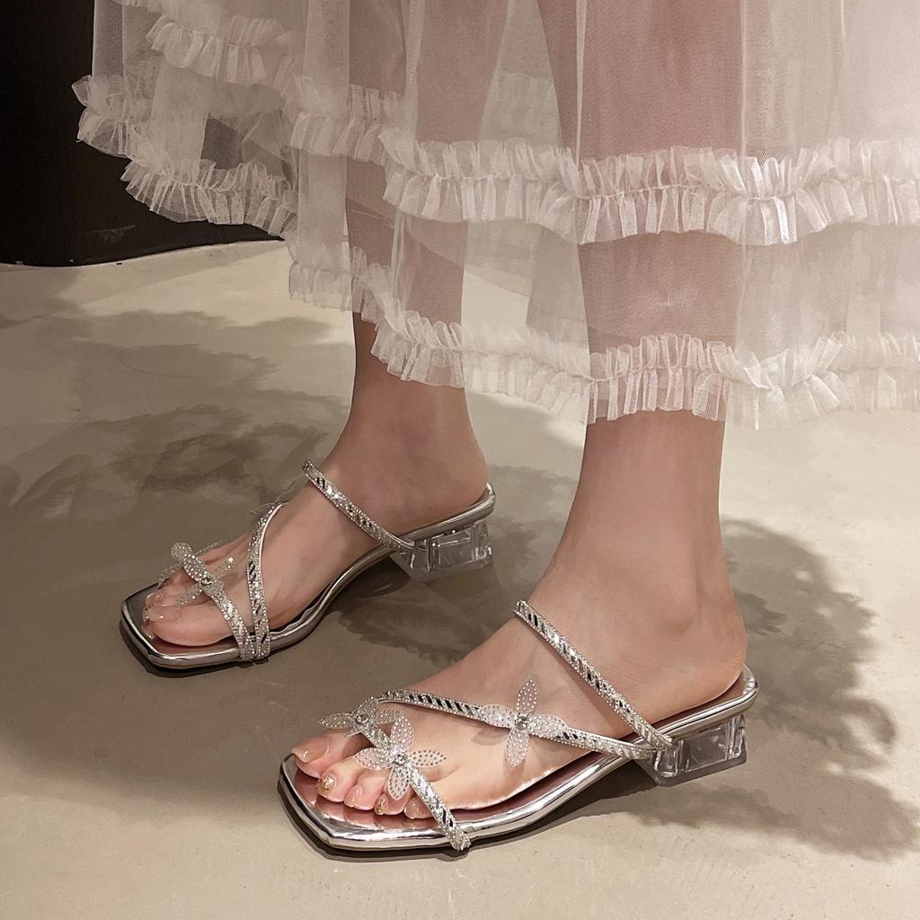 Luxury Glitter Butterfly Decoration Slip On Sandals Women 2025 Summer Square Toe Medium Heel Slides Clear Heel Slippers