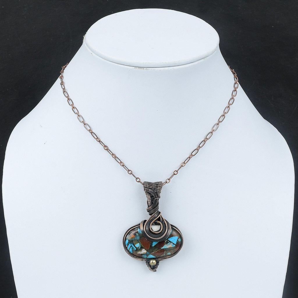 Колючая устрица Медь Бирюза Кулон Медная проволока Обернутый драгоценный камень Кулон ручной работы Ювелирные изделия Обернутый кулон для подарка Медь Дизайнерские украшения
