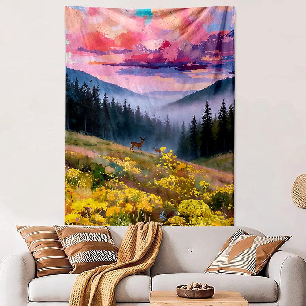 Deer in a Colorful Mountain Sunrise Patterned tapestry home decor, suitable for bedroom and living room, gift