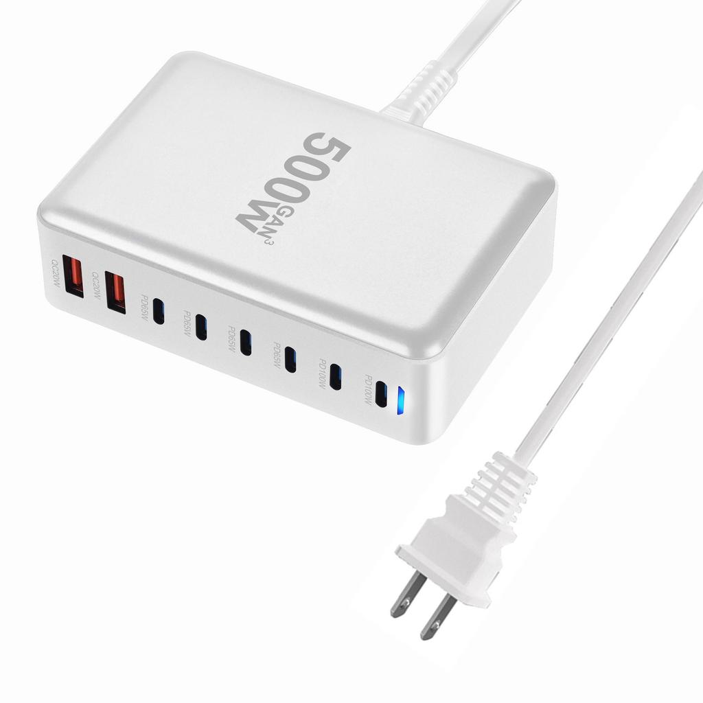 Настольное зарядное устройство 500 Вт на нитриде галлия с 8 портами: 6 USB-C и 2 USB-A