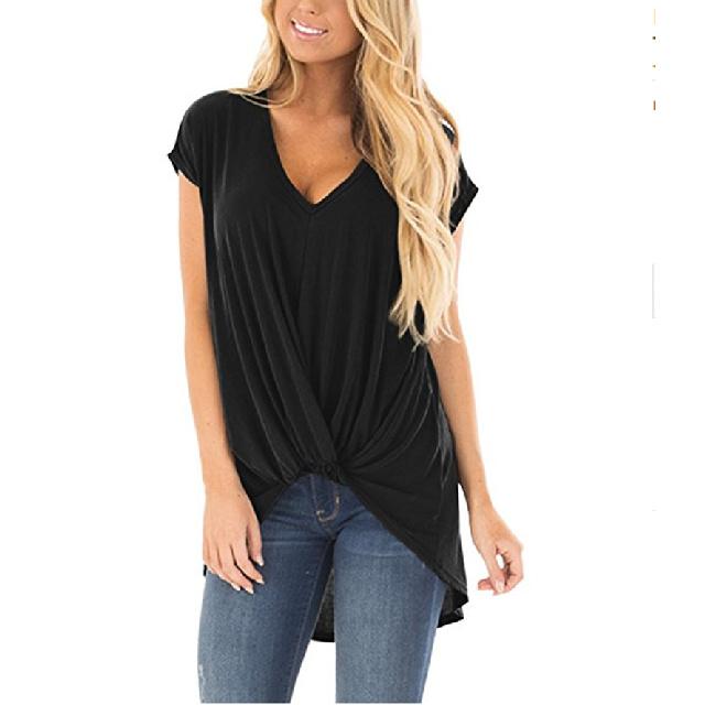 2026 Summer Women's New Short-Sleeve Solid Color V-Neck Twisted Breathable T-Shirt