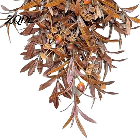 Artificial Teardrop Swag Autumn Olive Leaf Wreath for Front Door, Retro Hanging Garland Durable PVC Seasonal with Bow Decor Indoor Outdoor Farmhouse