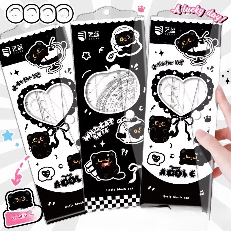 4-Piece Set Transparent Plastic Rulers Straight Rulers Protractors Set Square Kawaii School Stationery Kid Math Stationery