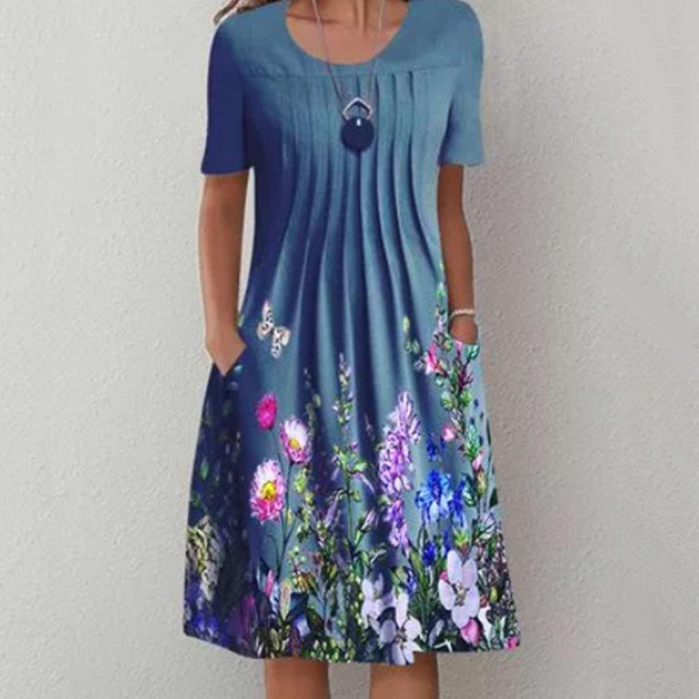 Женское платье с круглым вырезом и цветочным принтом, летние платья, платье миди с коротким рукавом