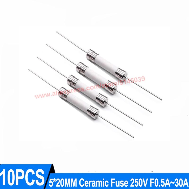 10Pcs Ceramic fuse Kit assortment Fast Blow 5*20mm 250V 1A 2A 2.5A 3.15A 4A 5A 6.3A 8A 10A 12A 15A 16A 20A 25A 30A Fuse Ceramic Fuses4