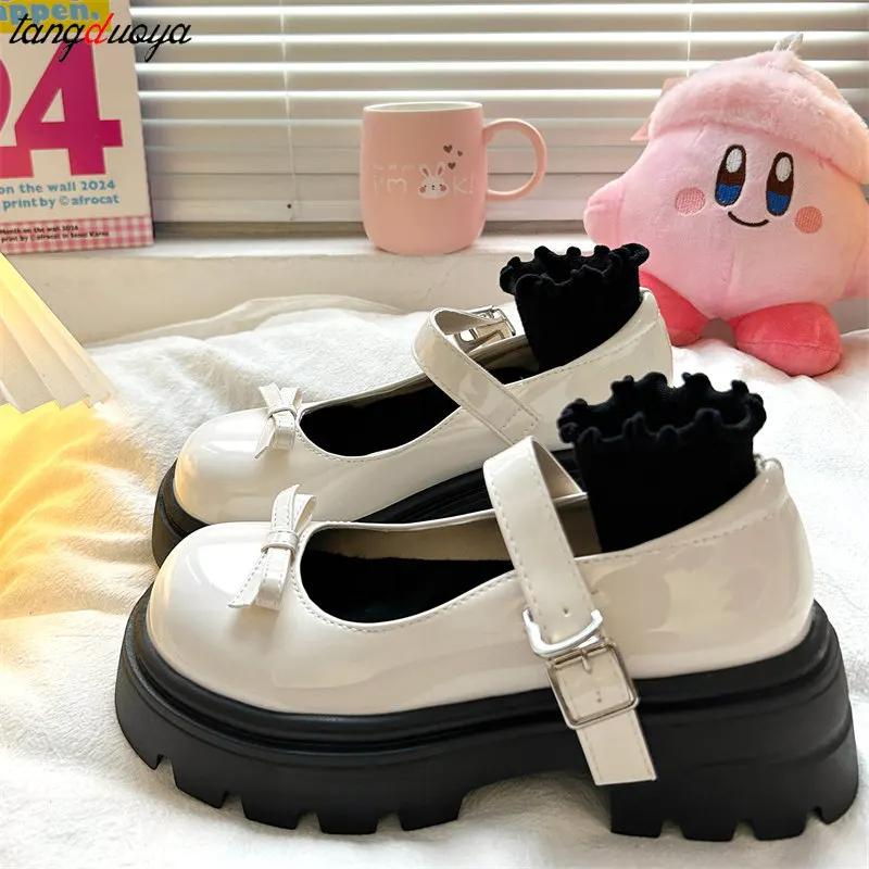 Classic Beige Platform Shoes Leather Oxford Shoes Women Bow Thick Sole Lolita Shoes Ladies Punk Gothic Shoes JK Uniform Shoes