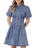 Allegra K Women's Denim Puff Sleeve Dress, Short Sleeve, Collared, Button-Down, A-Line, Casual Jeans Dress, Mid Blue, Size M
