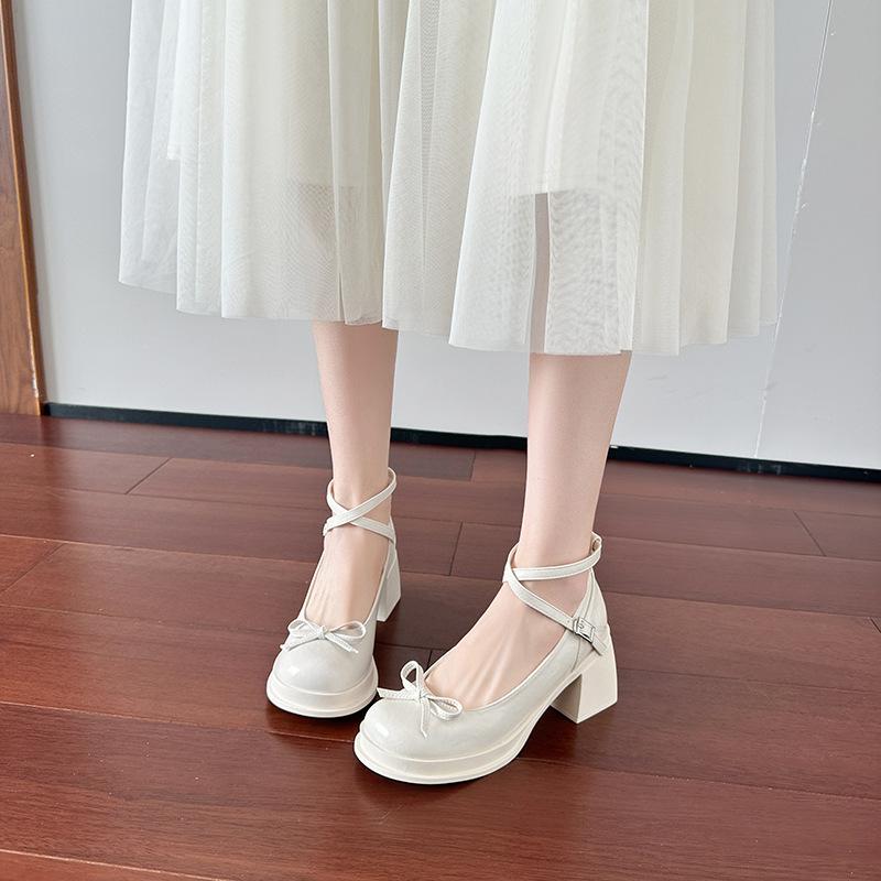 Французская мягкая кожа толстый каблук водонепроницаемый стол Мэри Джейн туфли сказочный стиль увеличивающие рост бант пряжка-ремешок мелкий вырез высокий каблук