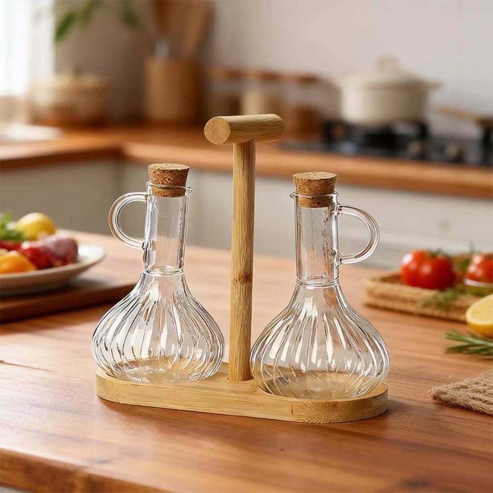 Transparent Bottle Liquid Seasoning Bottle Wooden Stand Sauce Vinegar Cruet Dining Table