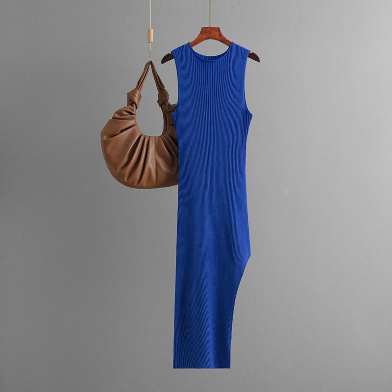 Женское осеннее винтажное сексуальное вязаное платье с открытой спиной и высокой талией, тонкое платье с разрезом